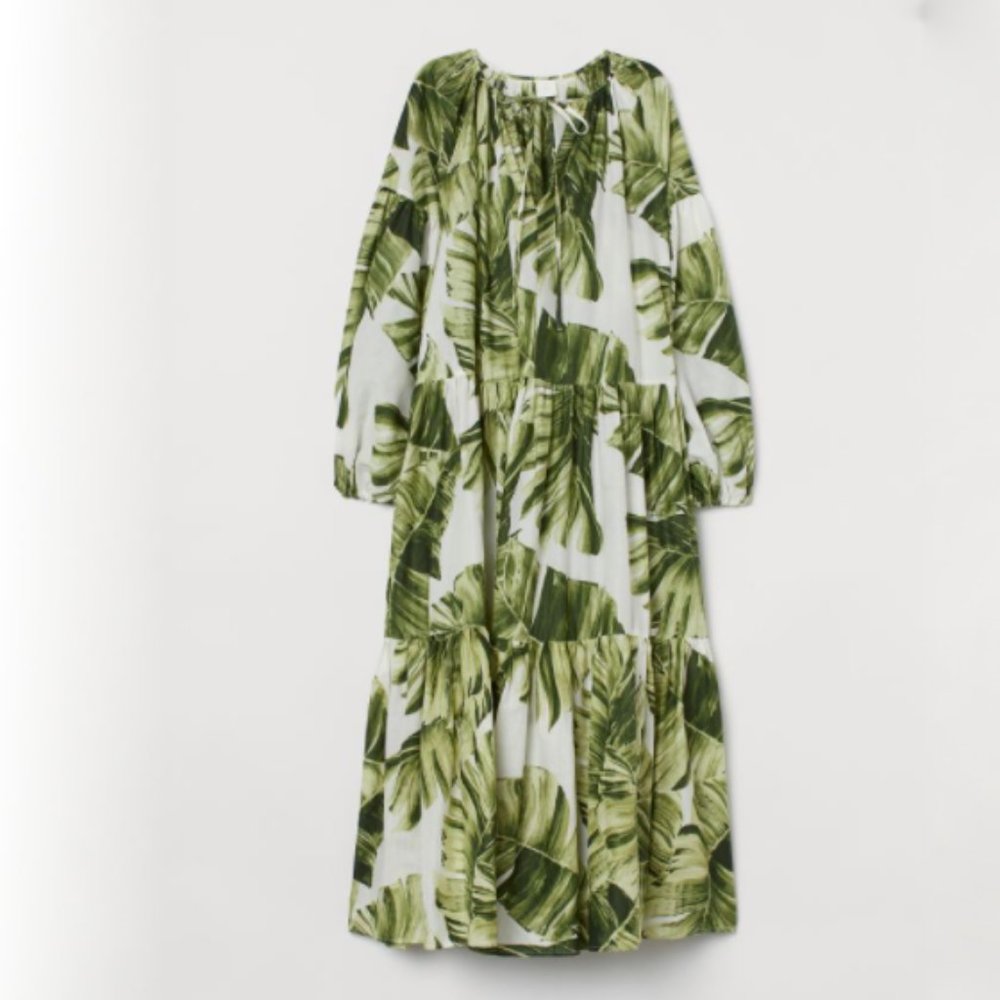 H&M palm leaves balloon sleeve cotton dress L
